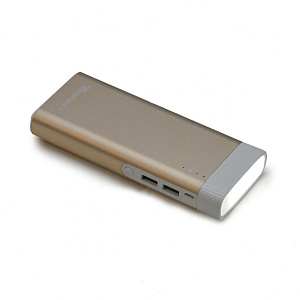 Power Bank 15000mAh, 2 USB, micro USB индикатор, фонарик (золото)
